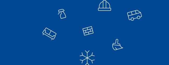 Symbole für Gebäudereinigung auf blauem Hintergrund.